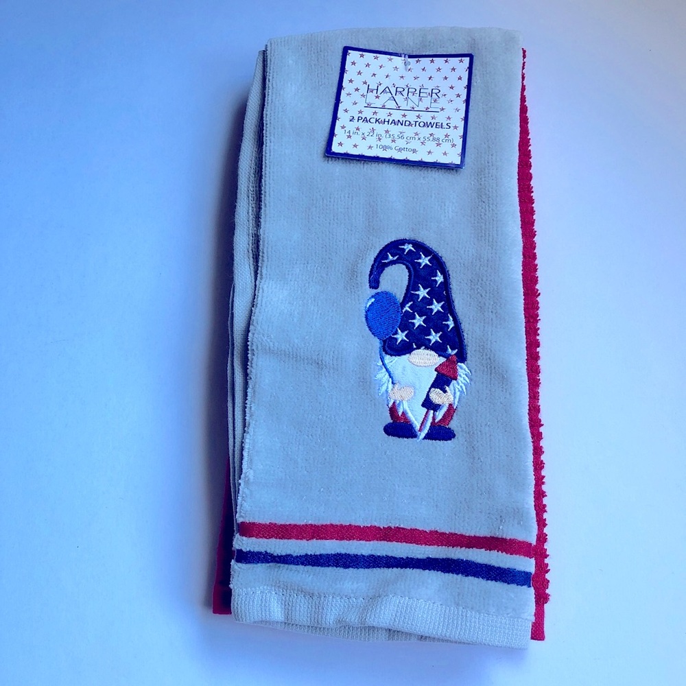NEW HARPER LANE Hand Towels 2 Pc Set Embroidered Gnome Americana Gray Red Blue